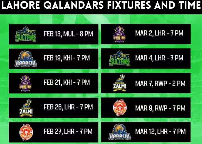 Lahore Qalandars fixtures and time
