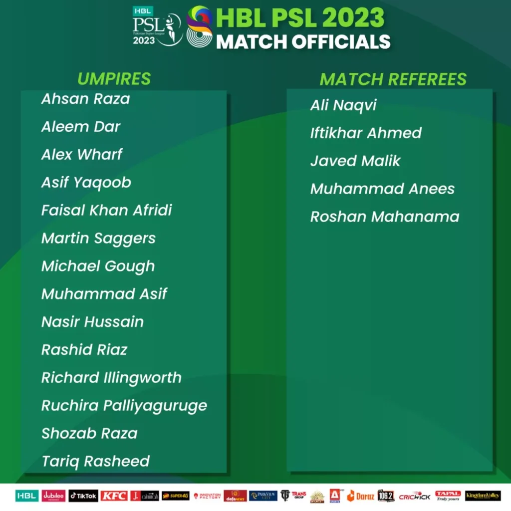 List of Match Officials for PSL 2023