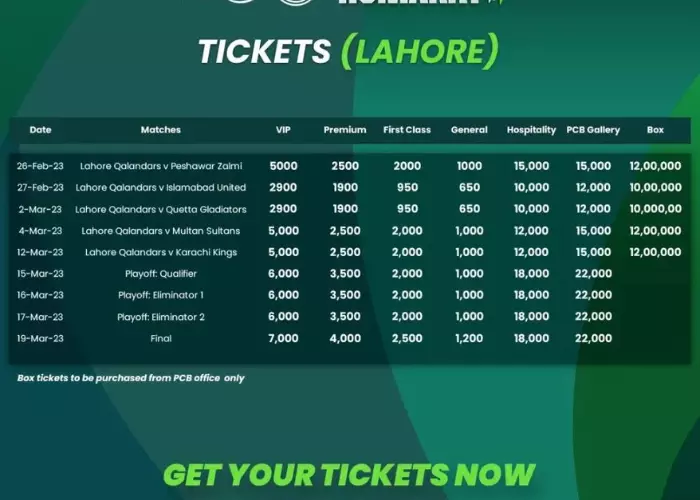 PSL 8 ticket prices for Lahore Qadaffi stadium