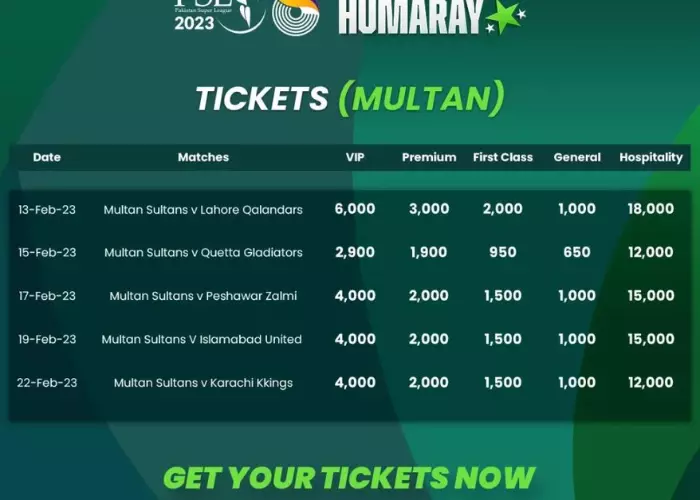 PSL 8 ticket prices for Multan stadium
