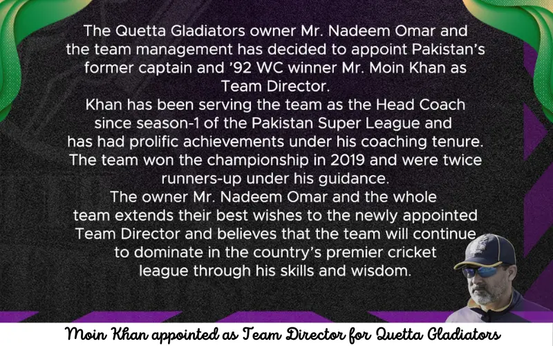 Moin Khan appointed as Team Director for Quetta Gladiators